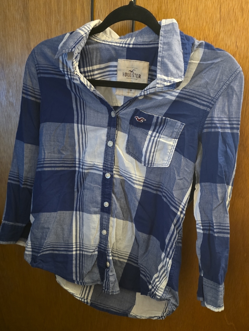 Hollister Blue & White Plaid Button-Down 3/4 Length Sleeve Shirt